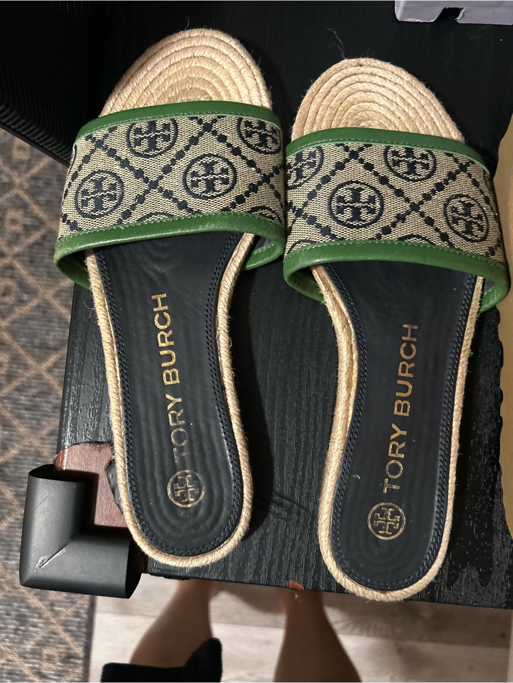 Tory Burch Beige Canvas Logo Slide Sandals with Green Trim